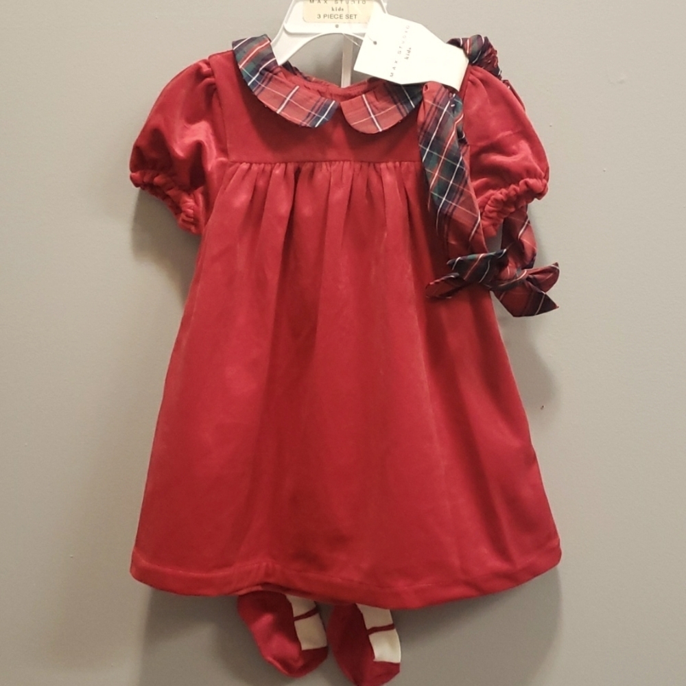 Max Studio Kids NWT Red Velveteen Dress with Plaid Collar, Headband and Tights
